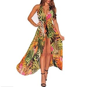 Hot Miami Styles Floral High Low Open Back Romper Maxi Dress Size Small